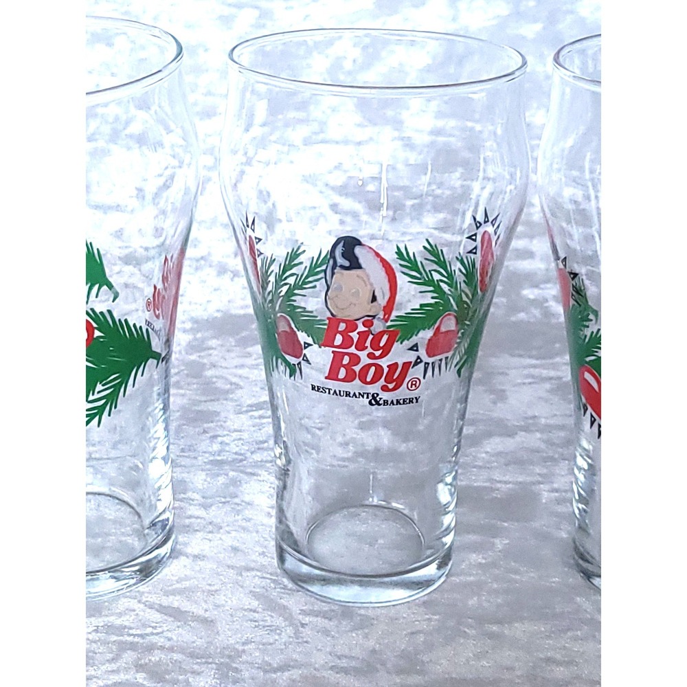 4 Vtg Big Boy Restaurant Christmas Glasses Santa Hat Holiday Tumblers Holly 90s - Picture 3 of 7
